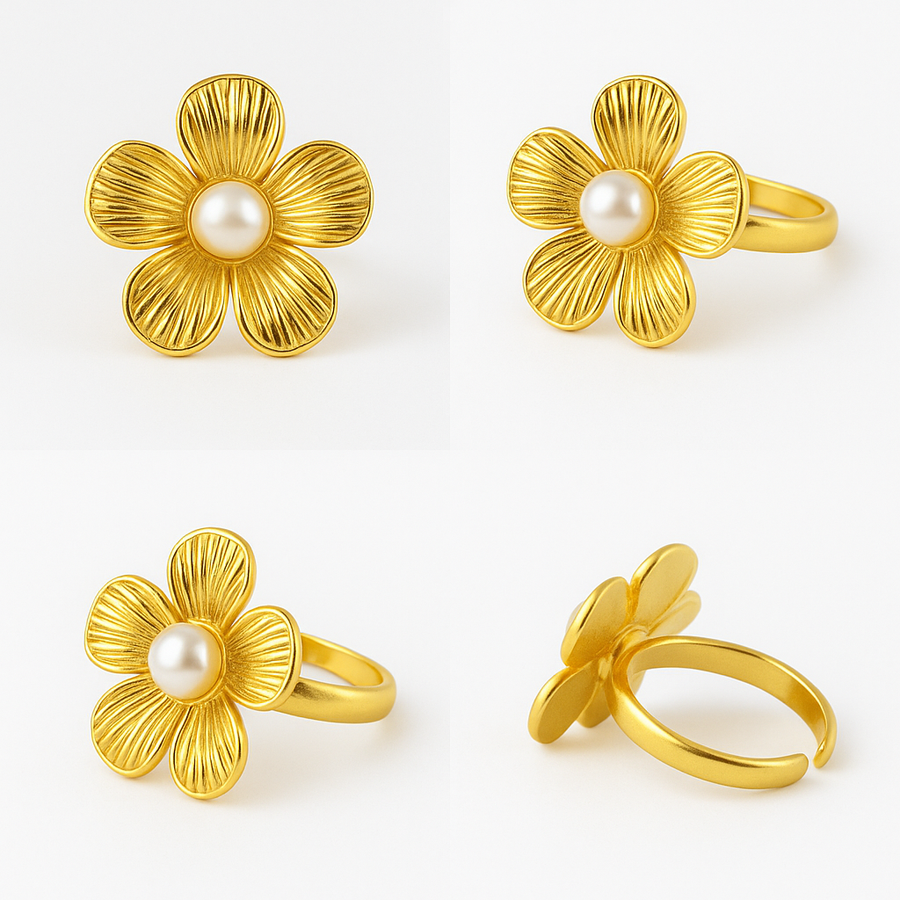 Anello regolabile gold fiore e perle