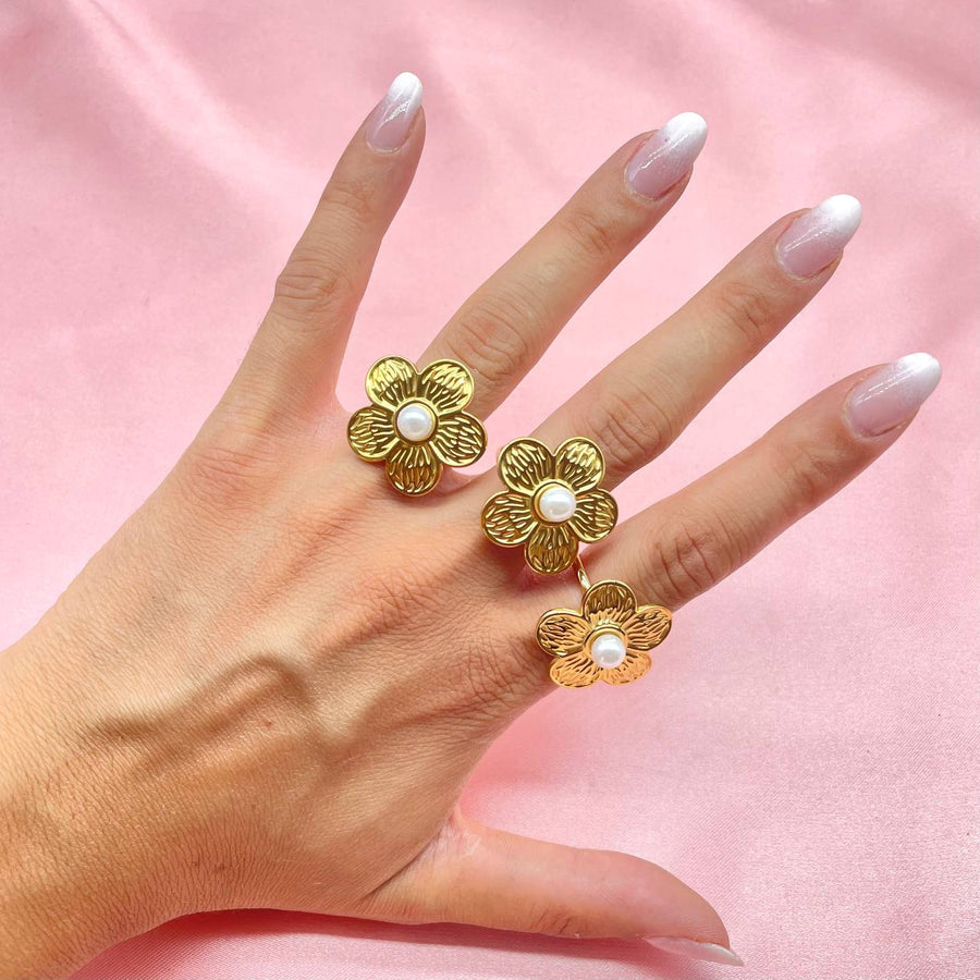 Anello regolabile gold fiore e perle